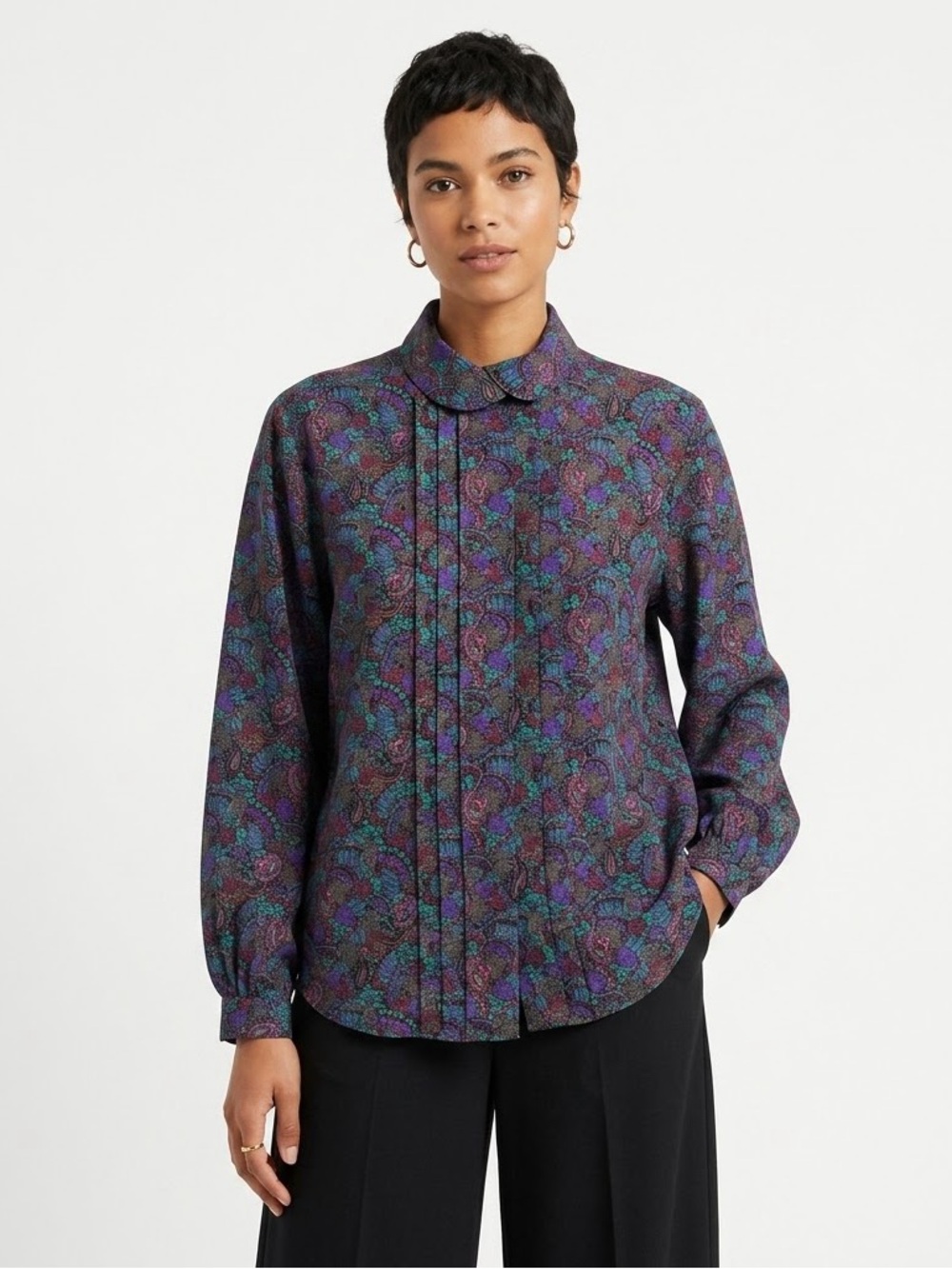 Vintage Paisley Mock Neck Blouse Pin Tucked Jewel Tone Retro Maximalist Eclectic